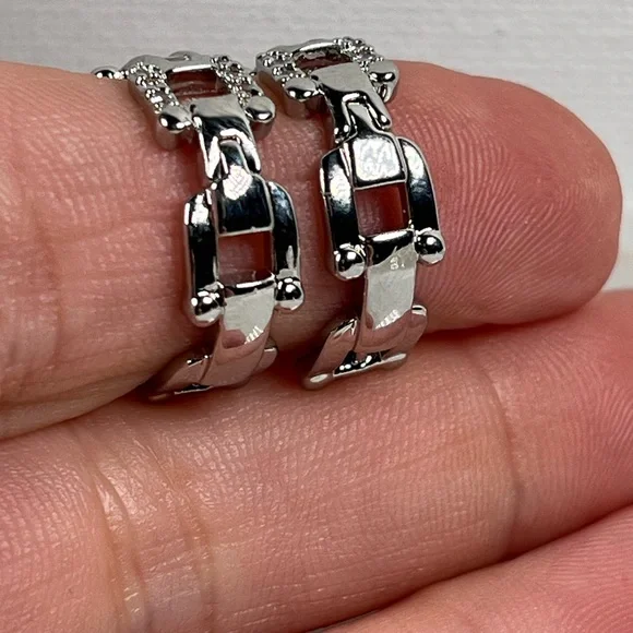 White Gold Plated Clear CZ Huggie Hoop Earrings - Picture 8 of 8